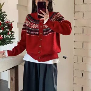 2025新款费尔岛圆领拼色提花针织开衫女百搭休闲宽松毛衣女外套潮
