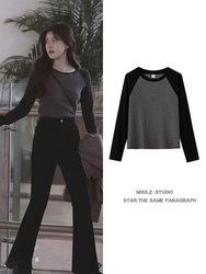 Plus-Size American-Style Patchwork T-Shirt for Women, Base Layer Shirt, New Spring and Autumn Color-Blocked Vintage Long-Sleeve Design Top