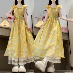 French-Style Yellow Floral Dress with Small Flutter Sleeves for Women, Summer 2026 New Model, Stunningly Beautiful, Waist-Cinching Long Dress