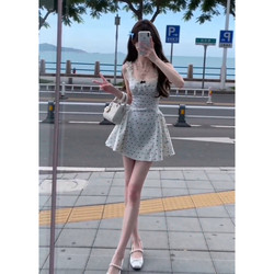 2026 New Early Spring Stylish White Polka Dot Spaghetti Strap Dress for Women, Summer Waist-Cinching Slimming Bodycon Mini Dress