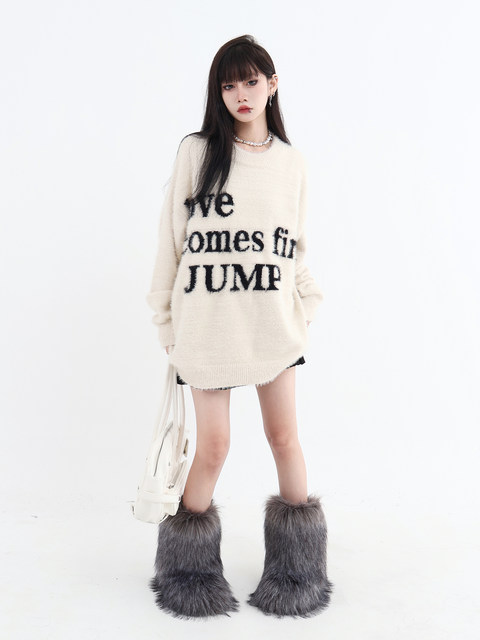 JUMPNEXT Guochao letter logo jacquard sweater round neck mohair ...