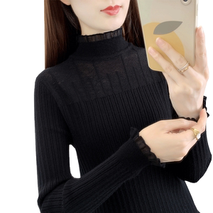 
Black bottoming shirt for women, new lace sweater, long-sleeved inner top, slim and versatile autumn and winter half turtleneck sweater