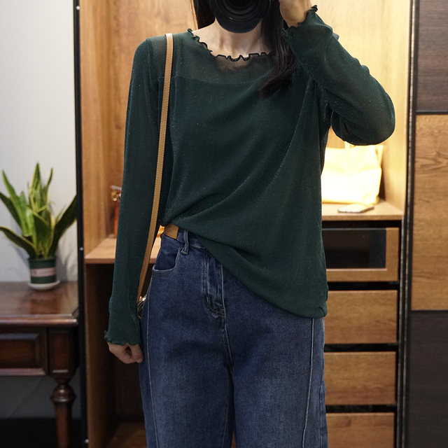 Large size black slim silk T-shirt for women in spring and autumn fashionable inner top round neck long sleeve mesh base shirt thin