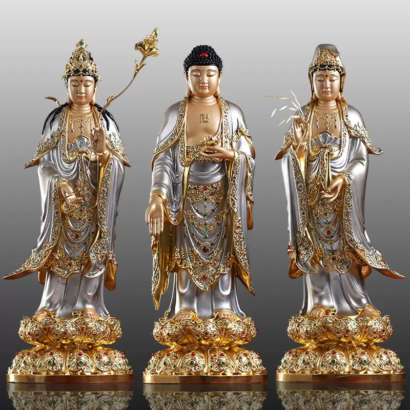 臺灣純銅西方三聖佛像銅雕銀彩觀音菩薩家用坐蓮觀音佛像阿彌陀佛-Taobao