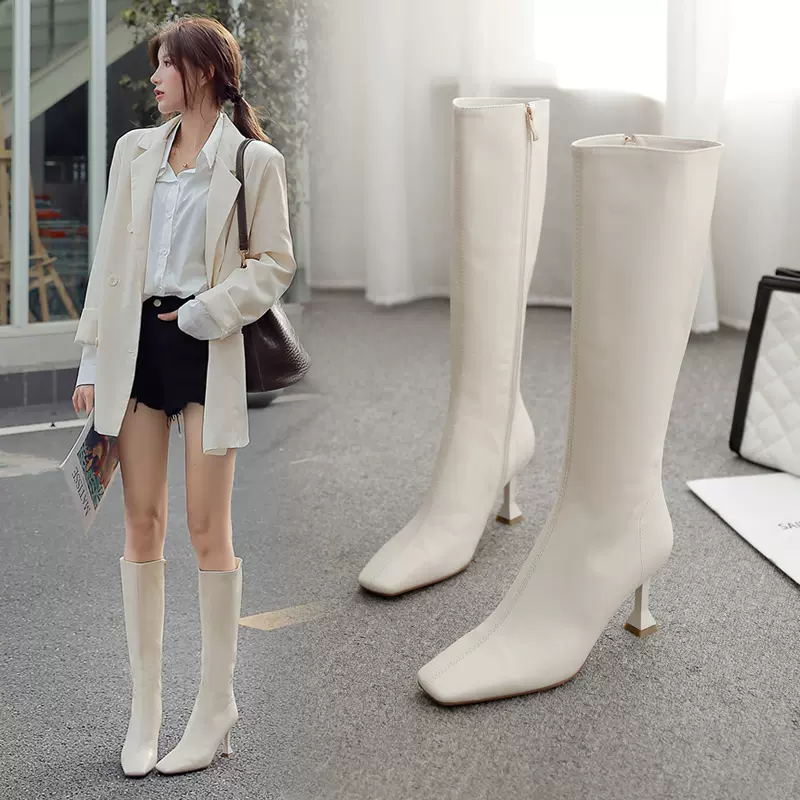 白色真皮靴子不过膝长靴女高跟细跟2023秋款大筒围方头高筒马丁靴-Taobao