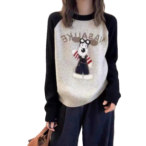 American lazy and fashionable round neck rattle sleeves fun cartoon pattern puppy soft glutinous sweater for women in autumn and winter 2025 new style
