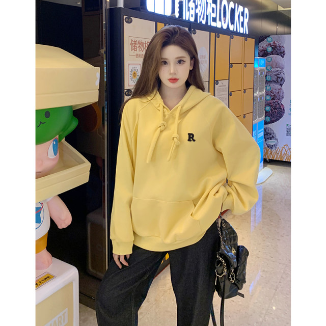 Large size women's hooded sweatshirt for women 2025 new spring and autumn bright yellow ins trendy loose slimming jacket top