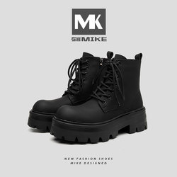 Mikke 2025 Autumn/Winter New Men's Martin Boots British Style High-Top Chunky Shoes with Fleece Lining Black Motorcycle Work Boots