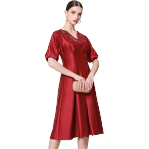 
Adana Spring and Summer Red V-neck Hot Diamond High Waist Dress Waist Princess Dress Retro Fashion Women's Clothing