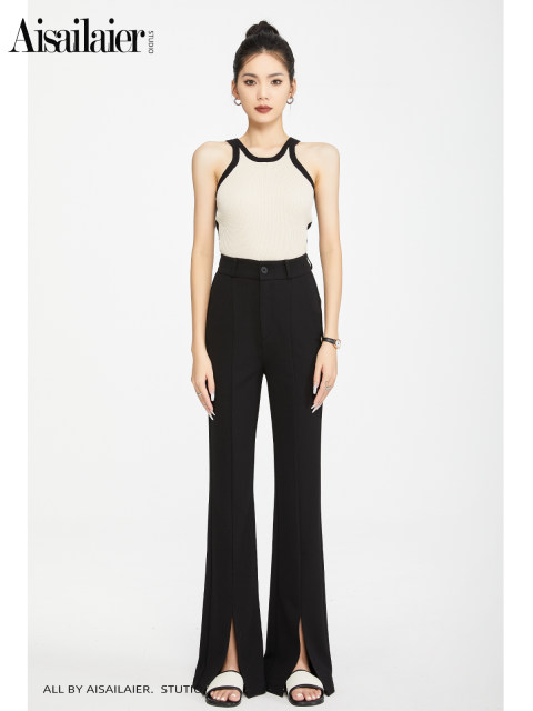 Black high-waisted suit bell-bottom pants for women 2025 summer thin slim fit slim drooping small slit slit slit trousers