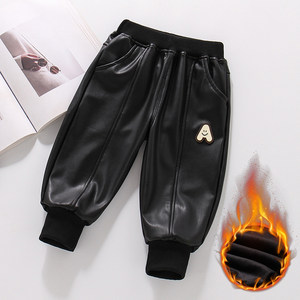 
Boys' plus fleece leather pants integrated fleece 2026 new baby autumn and winter warm pants children's winter wear outer trousers trendy