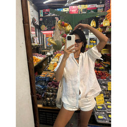 French-Style Linen Short-Sleeve Shirt for Women, Summer Design, Niche White Cotton-Linen Old Money Style Rolled-Sleeve Shirt Top for Outerwear