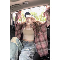 Pink Plaid Sun Protection Shirt for Women Summer 2025 New American Retro Loose Thin Bm Long-Sleeved Shirt Jacket