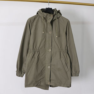 
Outdoor style hooded mid-length windbreaker jacket for women Drawstring waist windproof jacket military green