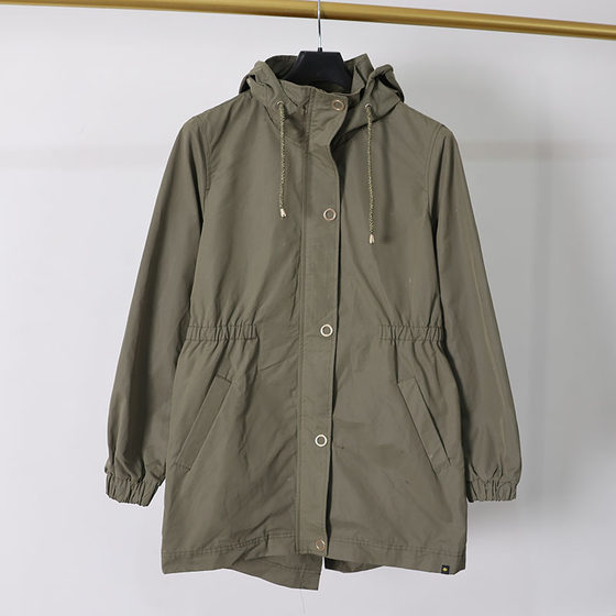 
Outdoor style hooded mid-length windbreaker jacket for women Drawstring waist windproof jacket military green