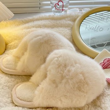 miniso simple fluffy fur slippers women's plush cotton slippers cute home warm anti-slip winter