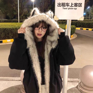 
Customizable black mountain carving cat ear coat for men and women, fur collar and cotton style, autumn and winter couple's cotton coat