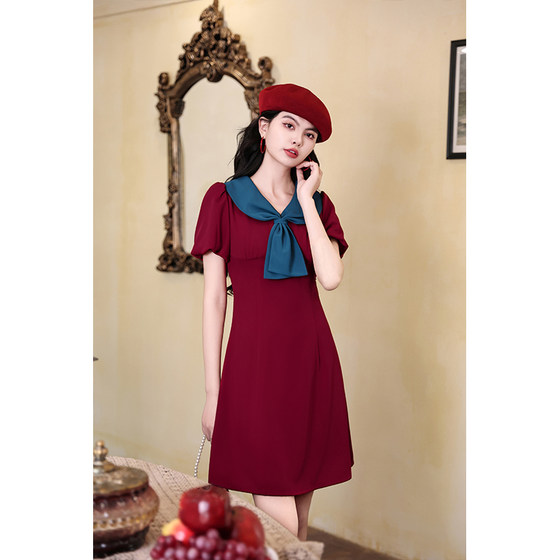 
Millennial Girl~ French retro contrasting collar slim and slim high-waist dress with two colors 2024 summer new style