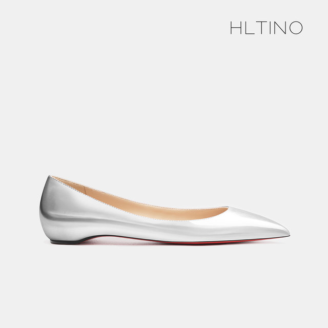 2025 new French silver pointed toe flat shoes female temperament celebrity with shallow mouth heightened red sole shoes large size