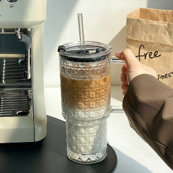 Giant Straw Cup with Handle, Large Capacity Glass Cup, High-Looking Glass Cup for Girls, Office Coffee Water Cup with Lid
