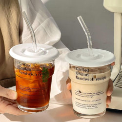 High-Quality Glass Cup with Lid and Straw, Letter Design, Household Drinking Cup, Iced American Latte Beverage Coffee Cup