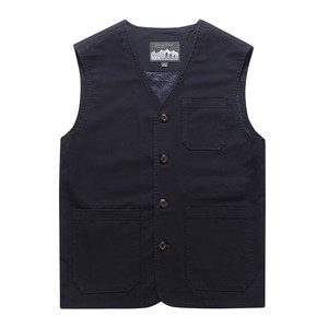 
Washed cotton work suit vest men's collarless spring and autumn vest middle-aged and elderly father wears fishing photography see coat