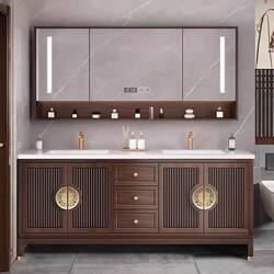New Chinese-Style Bathroom Cabinet Set with Double Sink, Ceramic Integrated Basin, Oak Wood, 2025 Model
