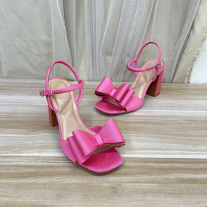 
Lady Shoes foreign trade original women's shoes fashion square toe solid color bow thick heel one-word buckle fashion sandals