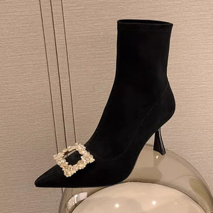
High-heeled slim boots for women 2025 autumn and winter new style pointed toe plus velvet rhinestone elastic socks boots French suede stiletto short boots