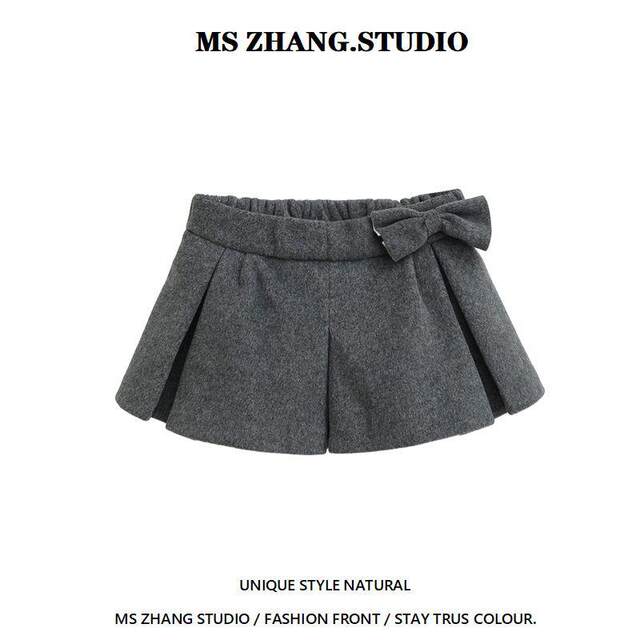 Bow tied woolen skirt for women 2024 winter new thickened high waist slimming A-line skirt versatile short skirt
