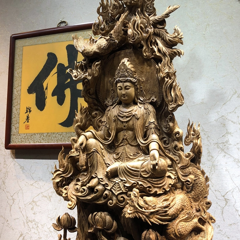 木彫りの観音様と鳳凰 大型 鳳凰 観音菩薩 木彫 仏像 彫刻 開運 風水 置物