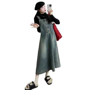 Maternity women's spring dress two-piece set fashionable maternity dress skirt new denim strap skirt bottoming shirt two-piece set