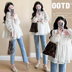 
Pregnant women's tops for spring and autumn small maternity clothes spring clothes doll shirt loose V-neck shirt pregnancy shirt