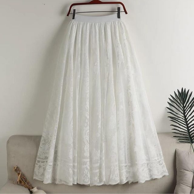 2024 new spring and summer hollow hook lace skirt fat girl versatile high waist slim fit slim long skirt
