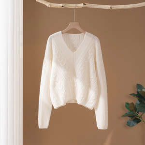 
V-neck hollow thickened 100% pure cashmere sweater women's sweater loose pullover sweater bottoming shirt long-sleeved top