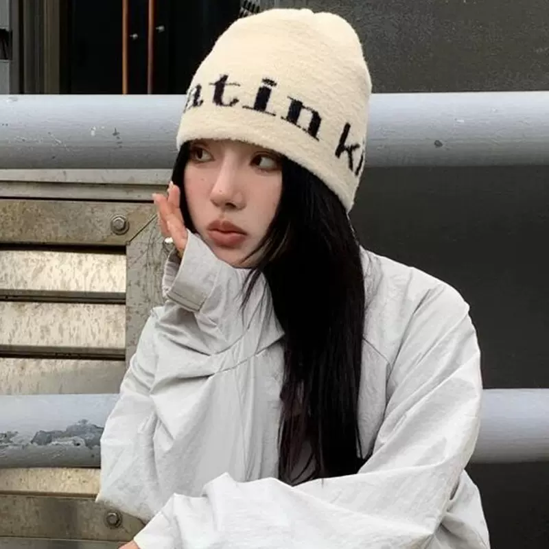 matin kim针织帽秋冬时尚字母条纹冷帽女款大头围高级感
