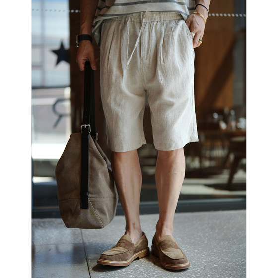 
Japanese retro high-quality skin-friendly and anti-wrinkle linen shorts men's summer trend new elastic waist solid color five-point pants