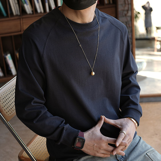 
Hong Kong style heavyweight pure cotton round neck long-sleeved T-shirt men's autumn and winter new loose simple solid color Japanese bottoming shirt top