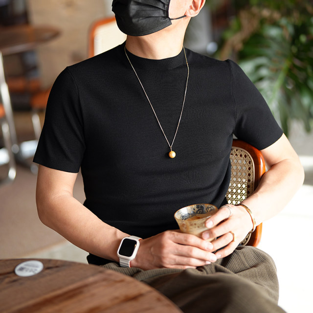 Autumn American retro high -level high -level semi -high -necked short -sleeved knit sweater male solid color temperament half -sleeved wild sweater
