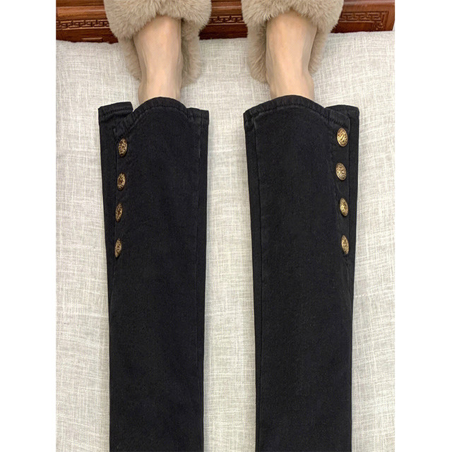 Black bootcut jeans for women 2025 autumn and winter plus size fat girl mm high waist elastic slimming crotch-covering straight pants