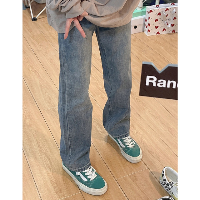 Retro blue straight jeans for women in autumn and winter for fat girls mm loose slimming wide leg floor mopping pants pear shaped body pants