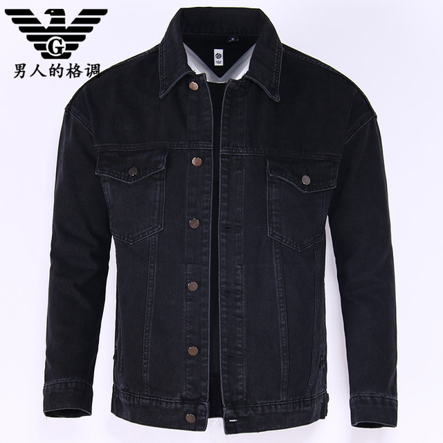 V grid black denim jacket men's loose large size 2024 spring and autumn ...