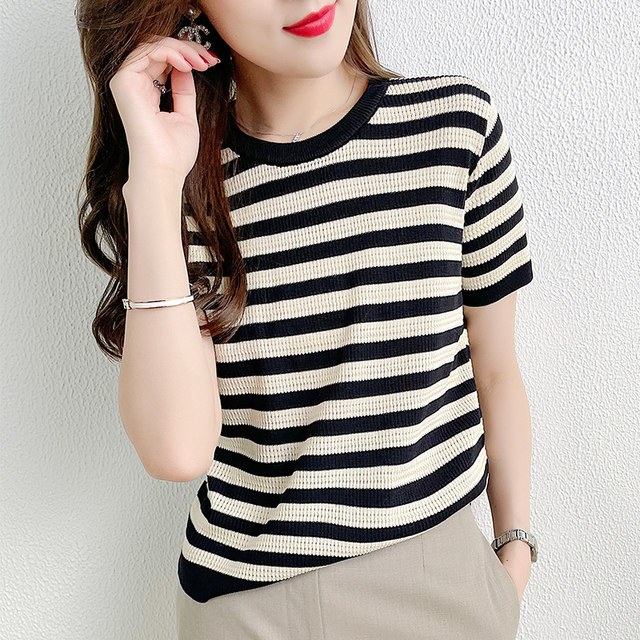 Knitted round neck short-sleeved striped t-shirt for women with niche ...