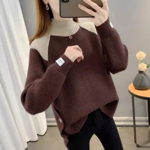 
Color block half turtleneck sweater for women loose 2025 autumn and winter new fashion versatile bottoming sweater tops trendy