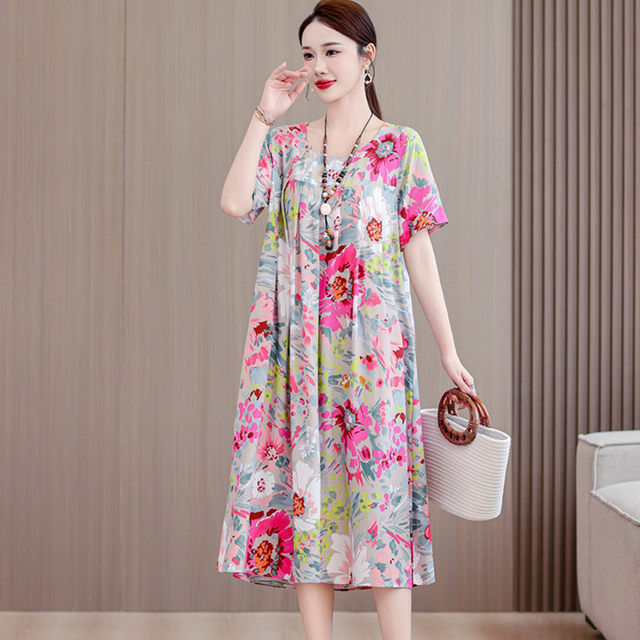 Temperament middle-aged cotton silk dress women's summer new fat mom ...