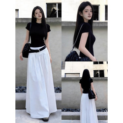 Black Short-Sleeved T-Shirt Half-Dress for Women, Summer 2026 New Early Spring Stylish Outfit, Complete Set with Long Skirt
