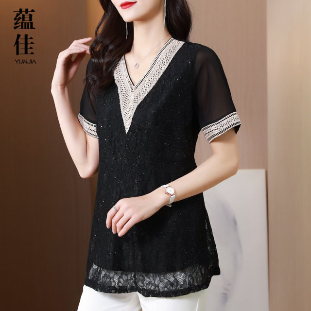 Lace chiffon shirt short sleeves for women mid-length summer 2025 new large size V-neck lace covers belly fat mm top