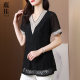Lace chiffon shirt short sleeves for women mid-length summer 2025 new large size V-neck lace covers belly fat mm top