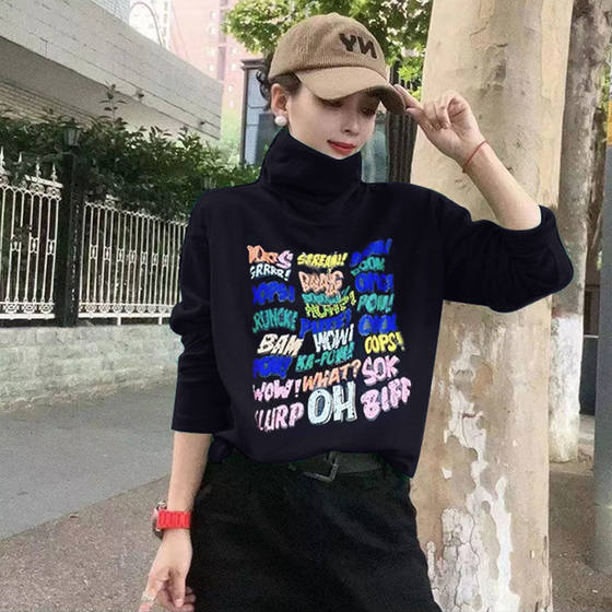 
2025 new fashion printed turtleneck long-sleeved T-shirt for women's base shirt casual loose age-reducing fashionable ladies sweatshirt