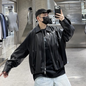 
Trendy brand 26 spring pu leather lapel jacket men's ins Korean version retro solid color loose youth handsome leather jacket